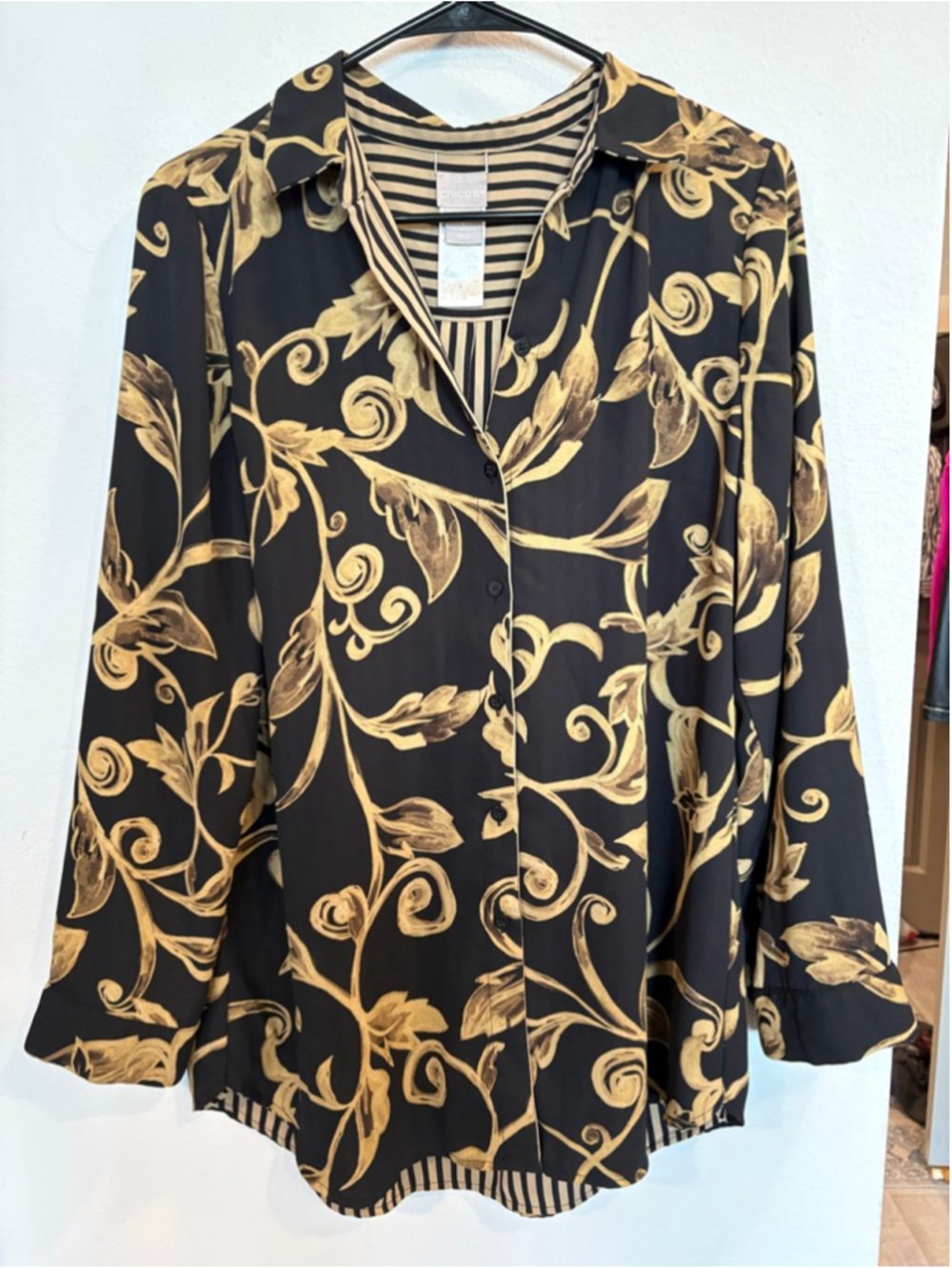 Chicos Vintage 90s Reversible Silk Blouse M Black Gold Baroque Striped Size 1